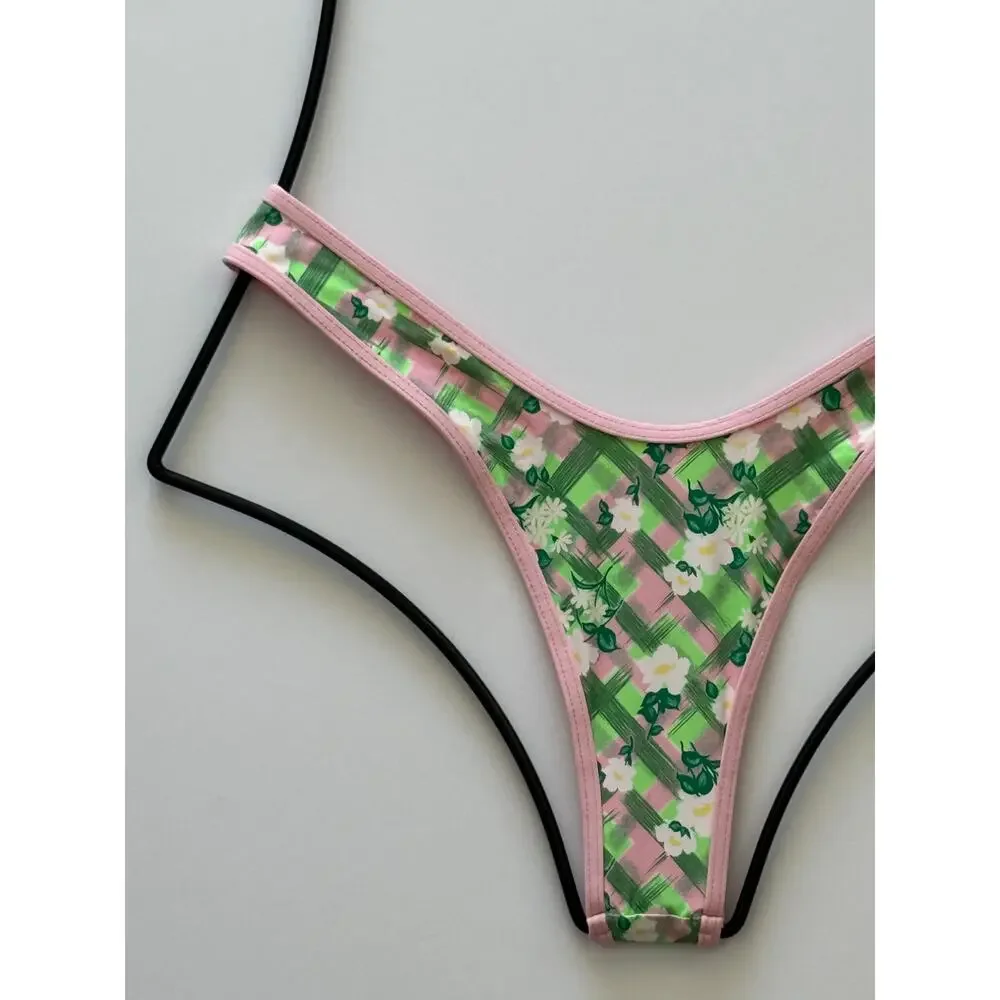 NWT Frankies Bikinis Full Moon Plaid Micro Bikini Bottom Baby Daisy Large NWT